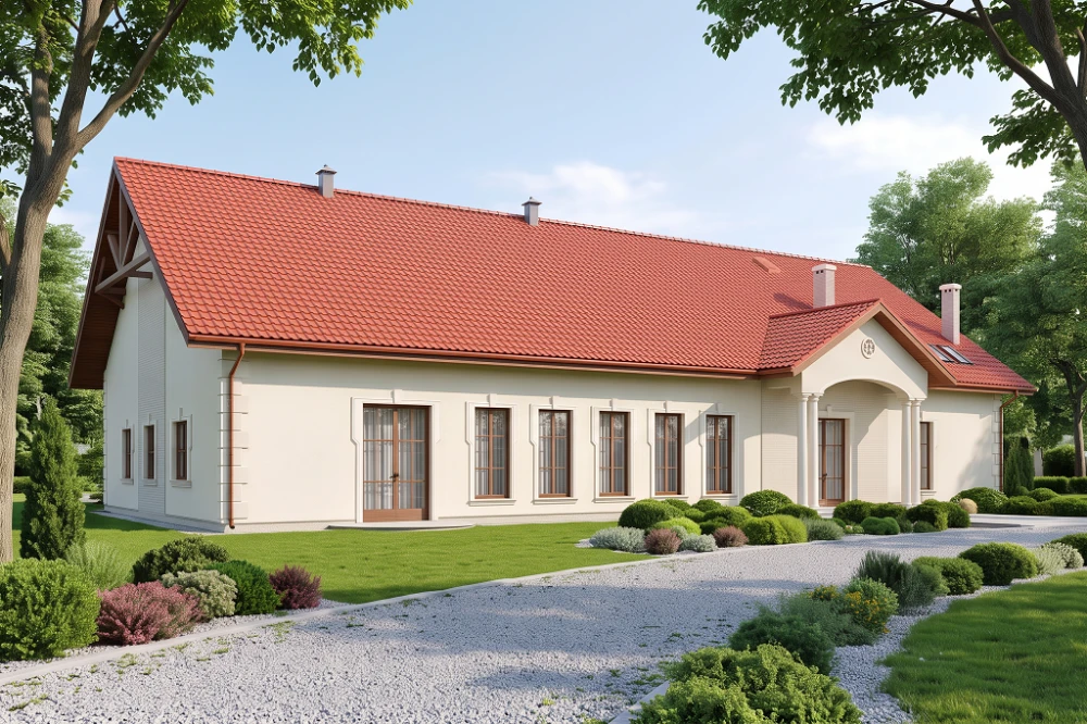 Projekt restauracji, domu weselnego K-24, parterowy z częściowym poddaszem użytkowym (antresola), bez podpiwniczenia - wizualizacja elewacji lewej