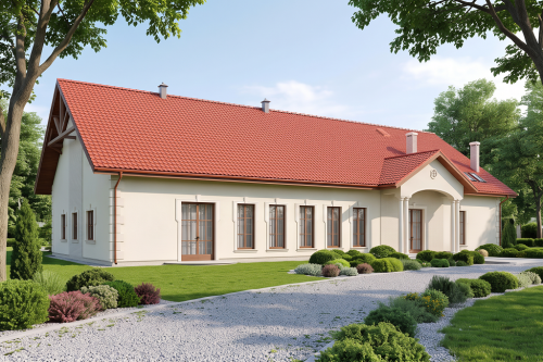 Projekt restauracji, domu weselnego K-24, parterowy z częściowym poddaszem użytkowym (antresola), bez podpiwniczenia - wizualizacja elewacji lewej