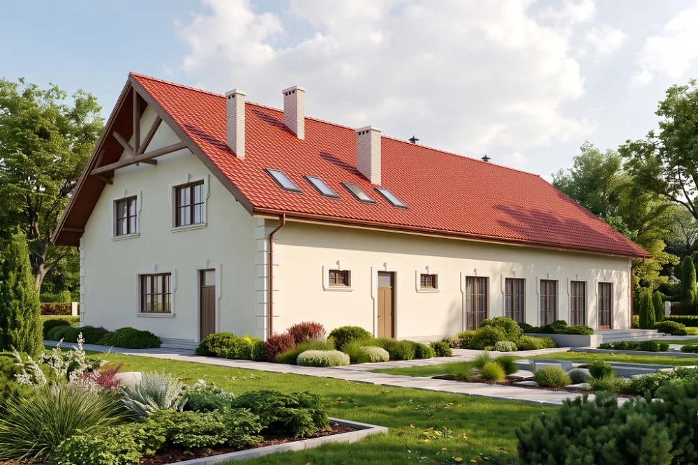 Projekt restauracji, domu weselnego K-24, parterowy z częściowym poddaszem użytkowym (antresola), bez podpiwniczenia - wizualizacja elewacji prawej