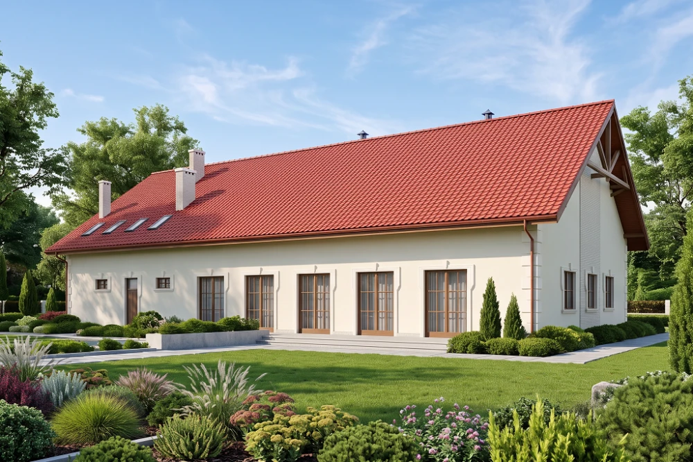 Projekt restauracji, domu weselnego K-24, parterowy z częściowym poddaszem użytkowym (antresola), bez podpiwniczenia - wizualizacja elewacji ogrodowej