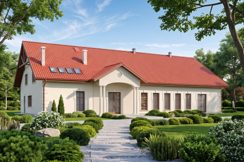 Projekt restauracji, domu weselnego LK-24, parterowy z częściowym poddaszem użytkowym (antresola), bez podpiwniczenia - wizualizacja elewacji frontowej
