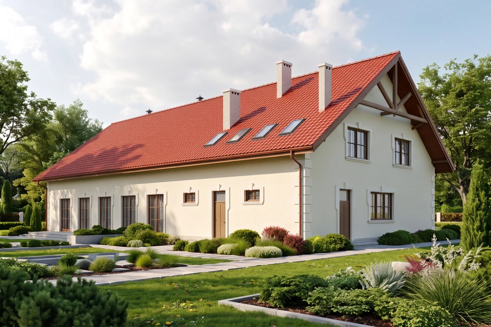 Projekt restauracji, domu weselnego LK-24, parterowy z częściowym poddaszem użytkowym (antresola), bez podpiwniczenia - wizualizacja elewacji lewej