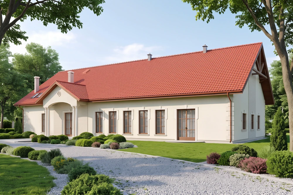 Projekt restauracji, domu weselnego LK-24, parterowy z częściowym poddaszem użytkowym (antresola), bez podpiwniczenia - wizualizacja elewacji prawej