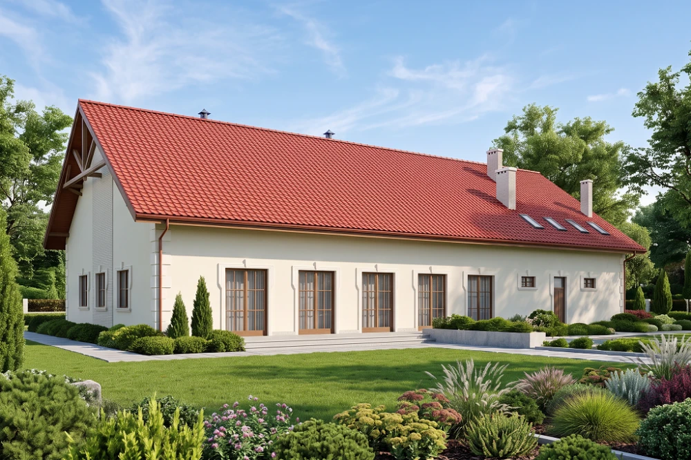Projekt restauracji, domu weselnego LK-24, parterowy z częściowym poddaszem użytkowym (antresola), bez podpiwniczenia - wizualizacja elewacji ogrodowej