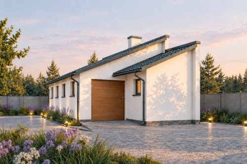 Projekt budynku gospodarczo-garażowego tech. ZG-50 tech., parterowy, częściowo podpiwniczony - wizualizacja elewacji frontowej