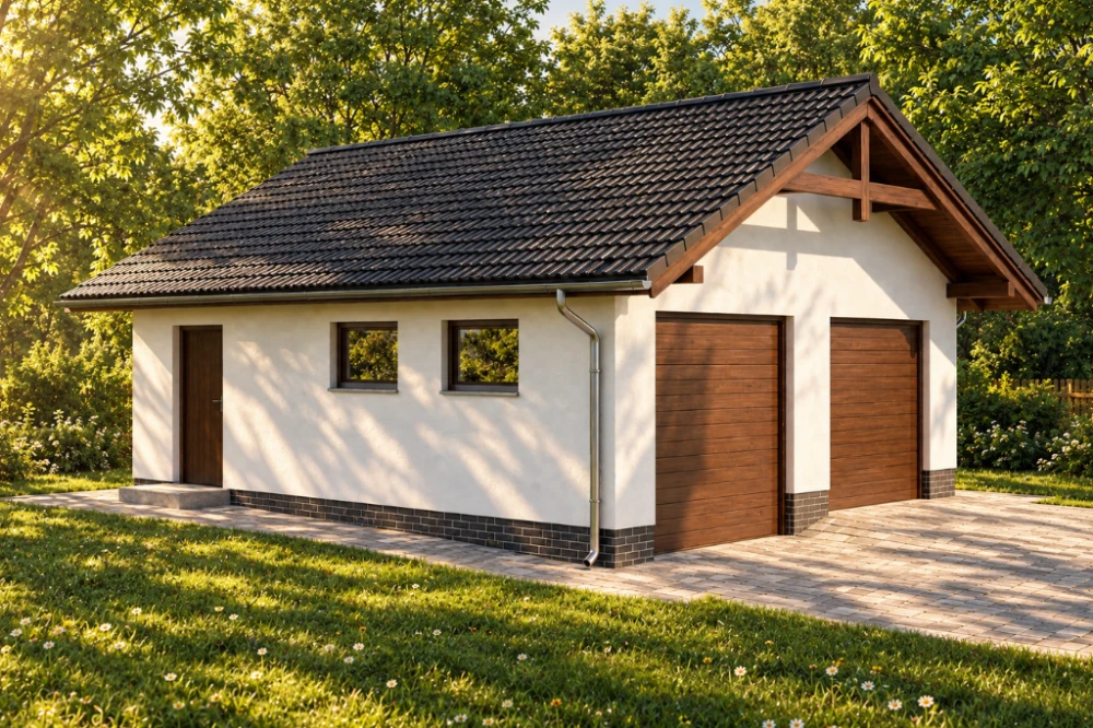 Projekt garażu dwustanowiskowego ZG-28, parterowy, bez podpiwniczenia - wizualizacja elewacji lewej