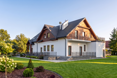 Projekt restauracji, domu weselnego K-52, parterowy z częściowym poddaszem użytkowym, niepodpiwniczony - wizualizacja elewacji ogrodowej