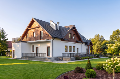 Projekt restauracji, domu weselnego LK-52, parterowy z częściowym poddaszem użytkowym, niepodpiwniczony - wizualizacja elewacji ogrodowej