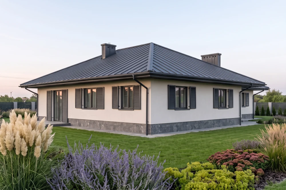 Projekt domu Sękocin DM-6097, parterowy z garażem, bez podpiwniczenia - wizualizacja elewacji ogrodowej