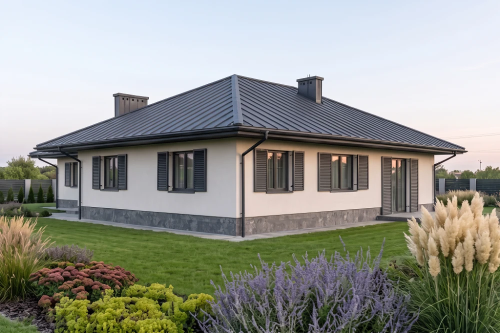 Projekt domu Okrasin L-6097, parterowy z garażem, bez podpiwniczenia - wizualizacja elewacji ogrodowej