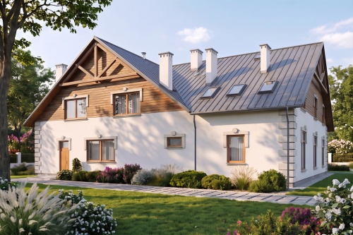 Projekt domu weselnego, restauracji z motelem K-37, parterowy z poddaszem użytkowym, bez podpiwniczenia, bez garażu - wizualizacja elewacji lewej