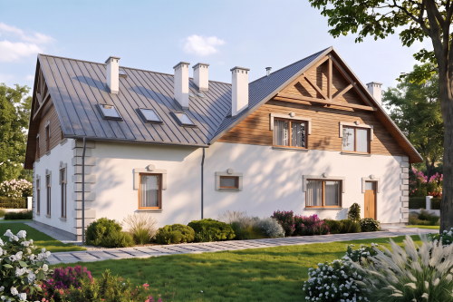 Projekt domu weselnego, restauracji z motelem LK-37, parterowy z poddaszem użytkowym, bez podpiwniczenia, bez garażu - wizualizacja elewacji prawej