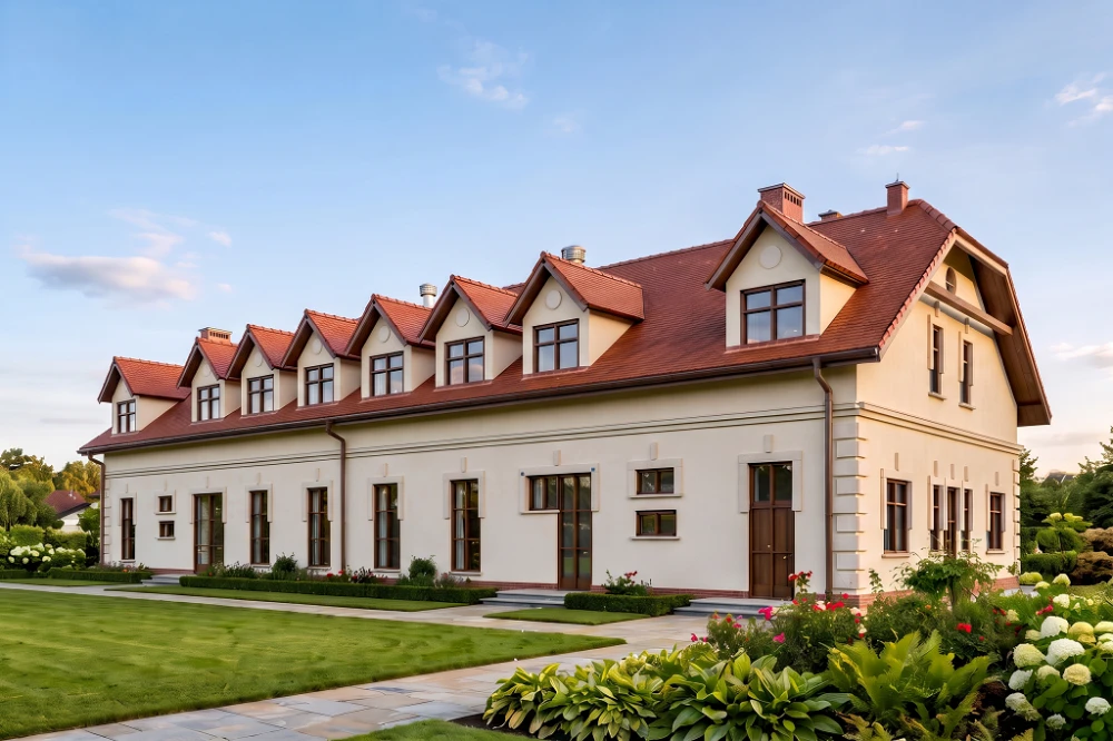 Projekt restauracji z motelem K-26, parterowy z poddaszem użytkowym, bez podpiwniczenia, przystosowany dla osób niepełnosprawnych - wizualizacja elewacji prawej