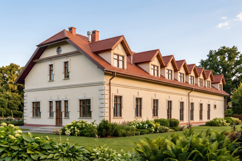 Projekt restauracji z motelem K-26, parterowy z poddaszem użytkowym, bez podpiwniczenia, przystosowany dla osób niepełnosprawnych - wizualizacja elewacji ogrodowej