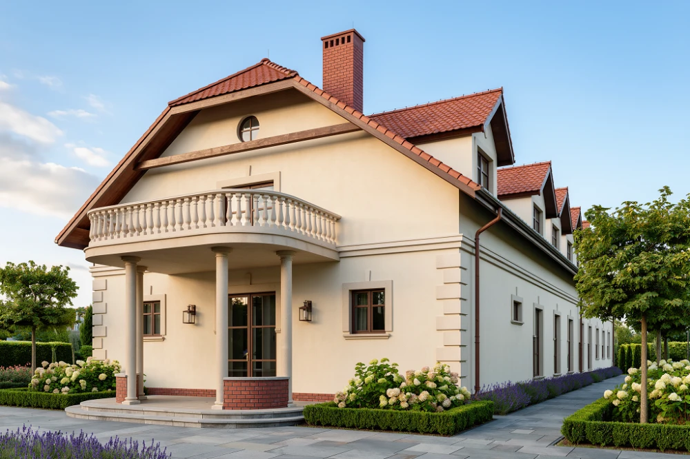Projekt restauracji z motelem LK-26, parterowy z poddaszem użytkowym, bez podpiwniczenia, przystosowany dla osób niepełnosprawnych - wizualizacja elewacji prawej
