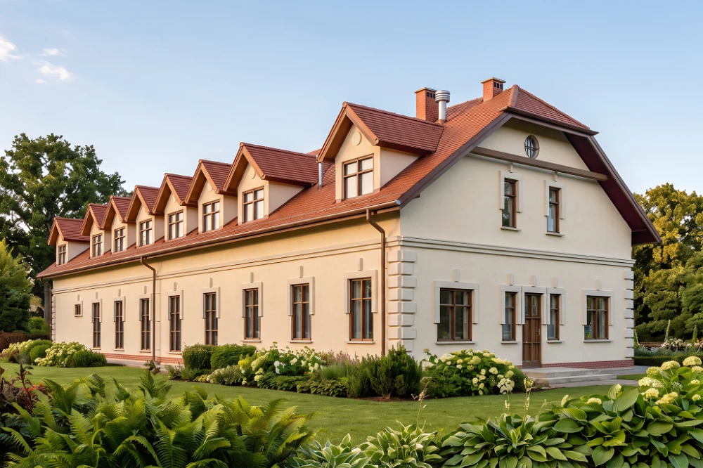 Projekt restauracji z motelem LK-26, parterowy z poddaszem użytkowym, bez podpiwniczenia, przystosowany dla osób niepełnosprawnych - wizualizacja elewacji ogrodowej