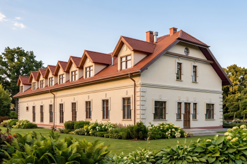 Projekt restauracji z motelem LK-26, parterowy z poddaszem użytkowym, bez podpiwniczenia, przystosowany dla osób niepełnosprawnych - wizualizacja elewacji ogrodowej