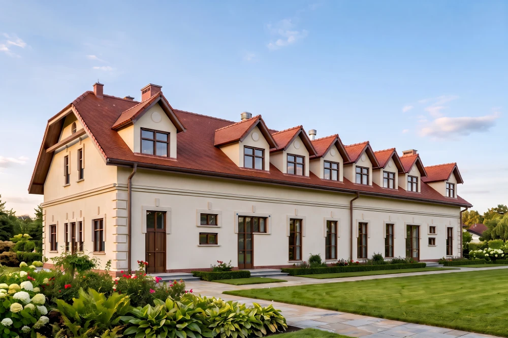 Projekt restauracji z motelem LK-26, parterowy z poddaszem użytkowym, bez podpiwniczenia, przystosowany dla osób niepełnosprawnych - wizualizacja elewacji lewej