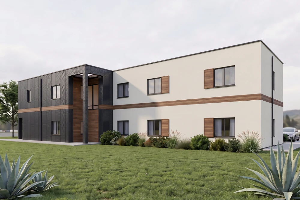 Projekt motelu z częścią usługową K-134, dwie kondygnacje, bez garażu i piwnicy - wizualizacja elewacji lewej