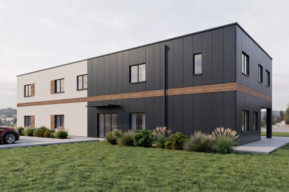 Projekt motelu z częścią usługową K-134, dwie kondygnacje, bez garażu i piwnicy - wizualizacja elewacji prawej