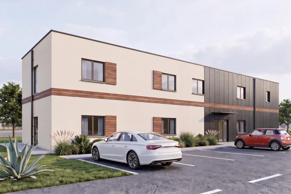 Projekt motelu z częścią usługową K-134, dwie kondygnacje, bez garażu i piwnicy - wizualizacja elewacji frontowej
