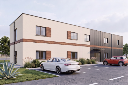 Projekt motelu z częścią usługową K-134, dwie kondygnacje, bez garażu i piwnicy - wizualizacja elewacji frontowej