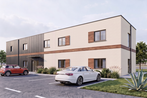 Projekt motelu z częścią usługową LK-134, dwie kondygnacje, bez garażu i piwnicy - wizualizacja elewacji frontowej