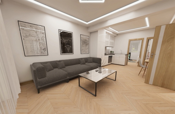 Projekt domu Rista DM-6854 - przykładowa aranżacja salonu z aneksem kuchennym