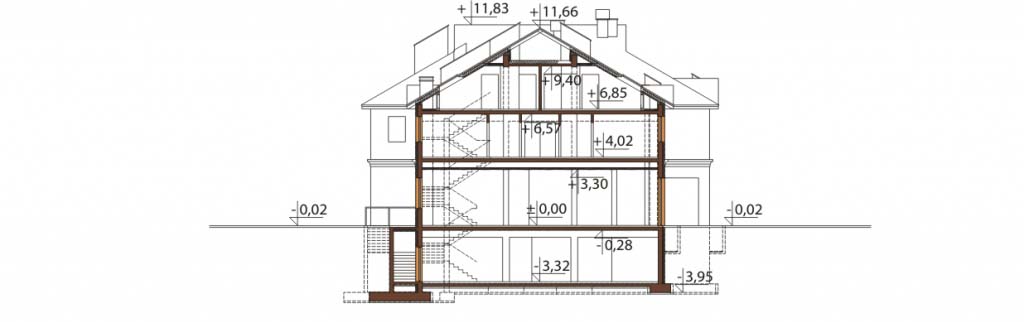 Projekt restauracji z motelem K-12 C - przekrój A-A