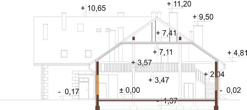 Projekt domu weselnego, restauracji z motelem K-37 - przekrój A-A