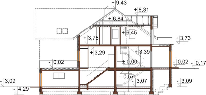 Projekt restauracji z motelem K-58 - przekrój A-A