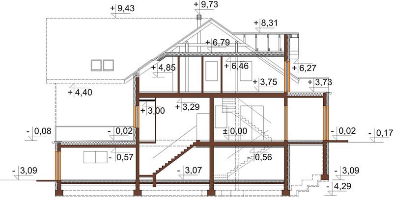 Projekt domu weselnego, restauracji z motelem K-58 C - przekrój A-A