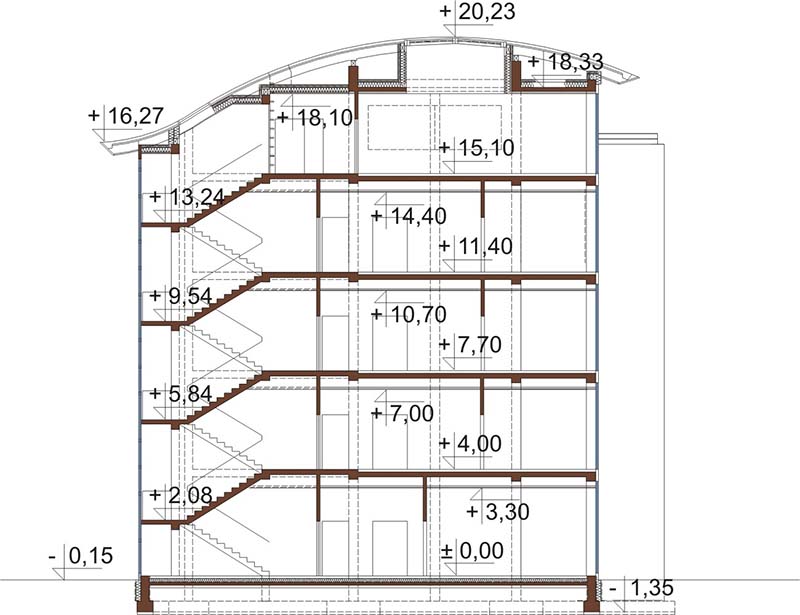 Projekt biurowca K-75 - przekrój A-A