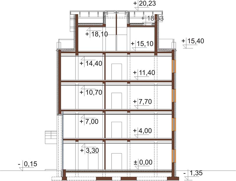 Projekt biurowca K-75 - przekrój B-B