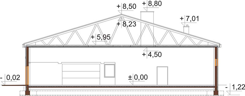 Projekt hali magazynowej K-95 - przekrój A-A