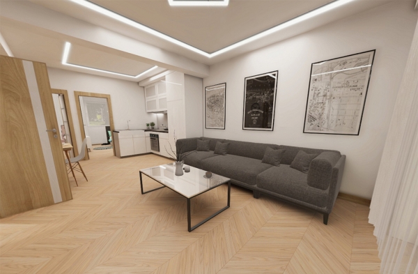 Projekt domu Rista 2 L-6854 - przykładowa aranżacja salonu z aneksem kuchennym