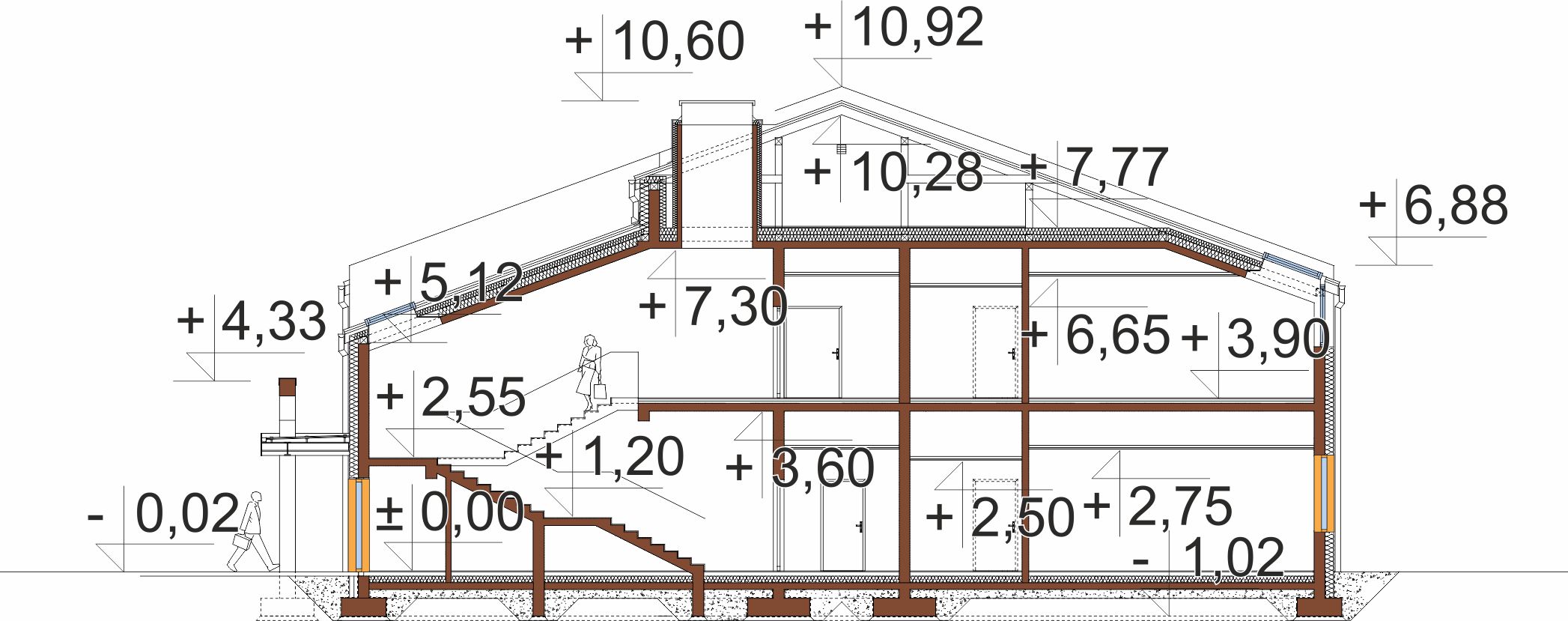 Projekt budynku zakładu opiekuńczo-leczniczego LK-174 - przekrój E-E
