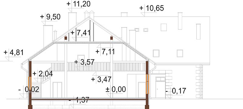 Projekt domu weselnego, restauracji z motelem LK-37 - przekrój A-A