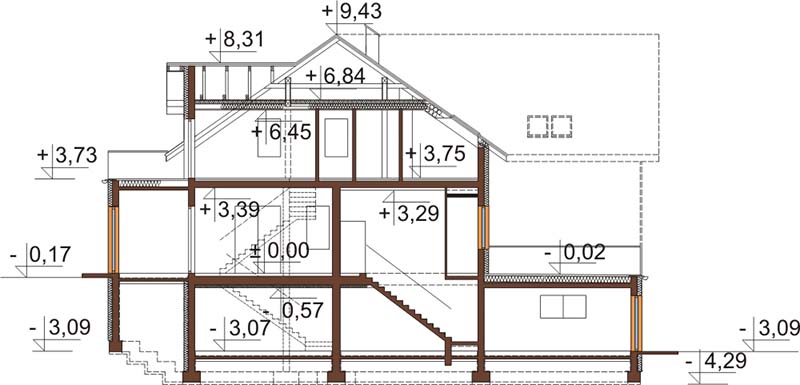 Projekt restauracji z motelem LK-58 - przekrój A-A