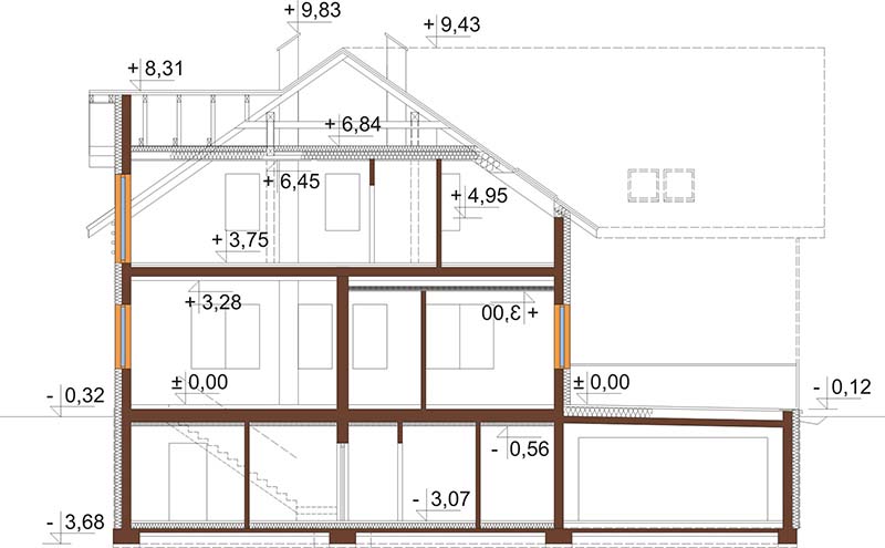 Projekt restauracji z motelem LK-58 B - przekrój A-A