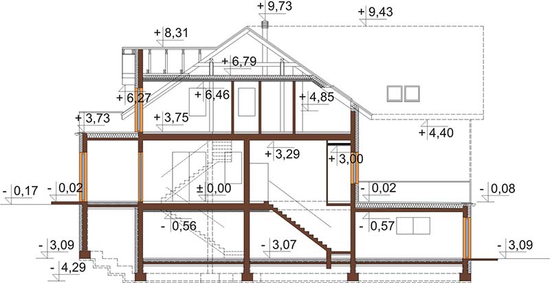 Projekt domu weselnego, restauracji z motelem LK-58 C - przekrój A-A